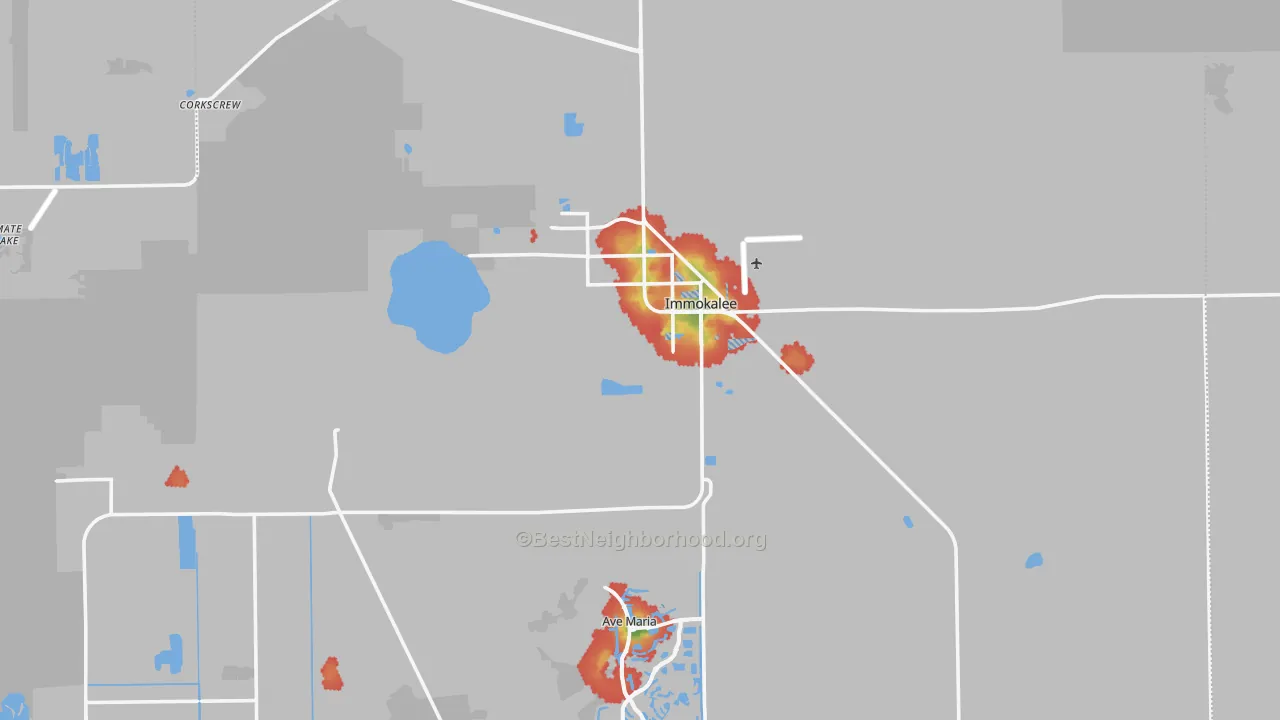 Walk Grade map of 34142, FL, walkable areas in green and car-dependent areas in red