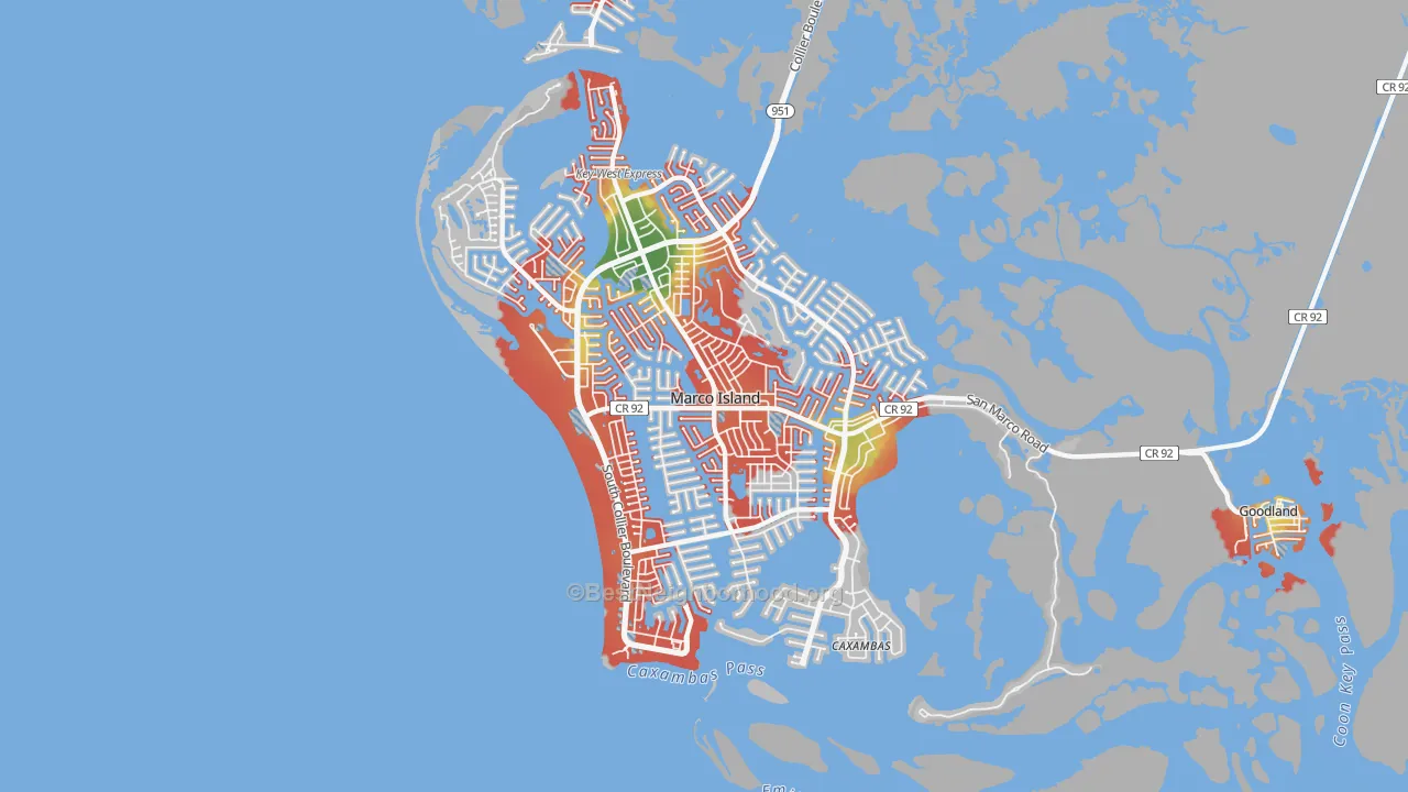 Walk Grade map of 34145, FL, walkable areas in green and car-dependent areas in red