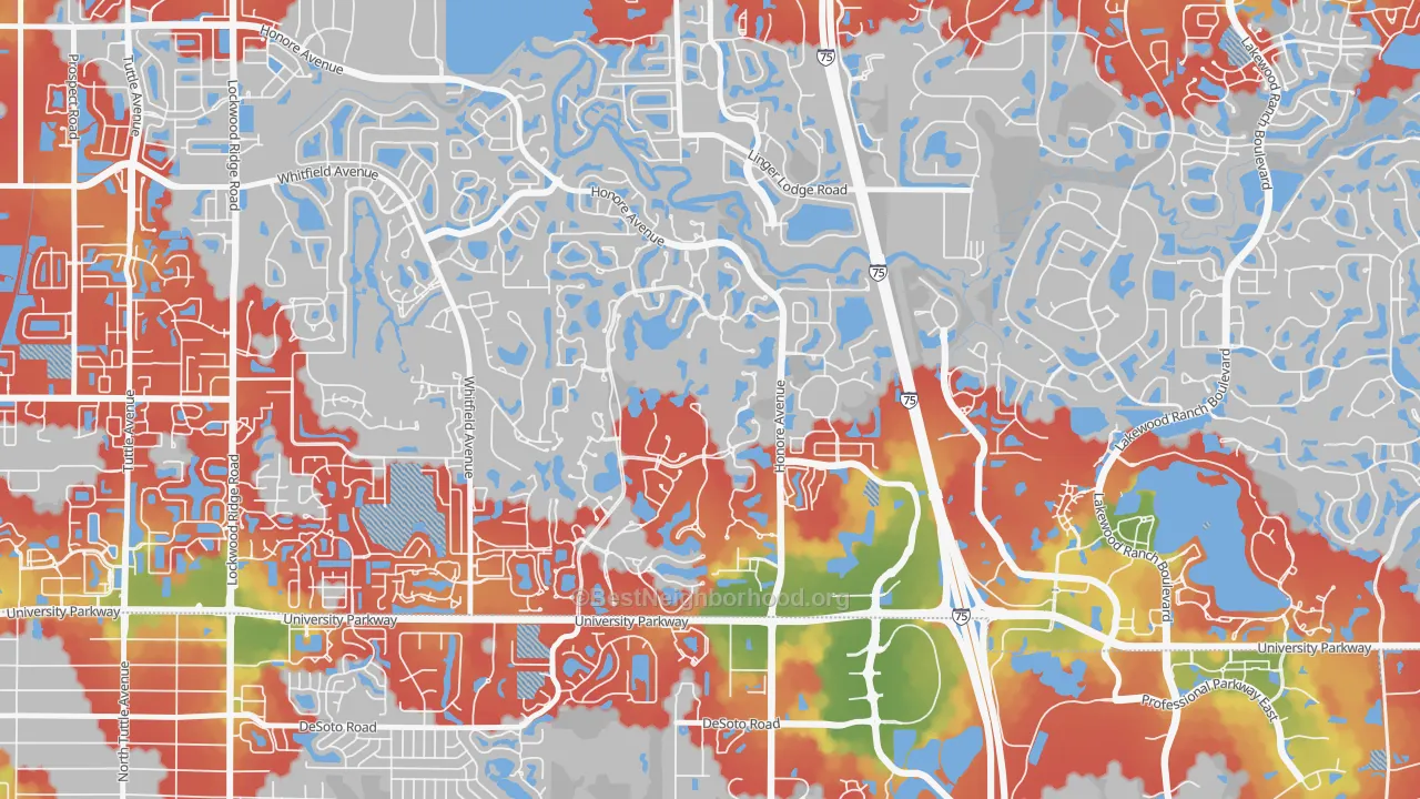 Walk Grade map of 34201, FL, walkable areas in green and car-dependent areas in red