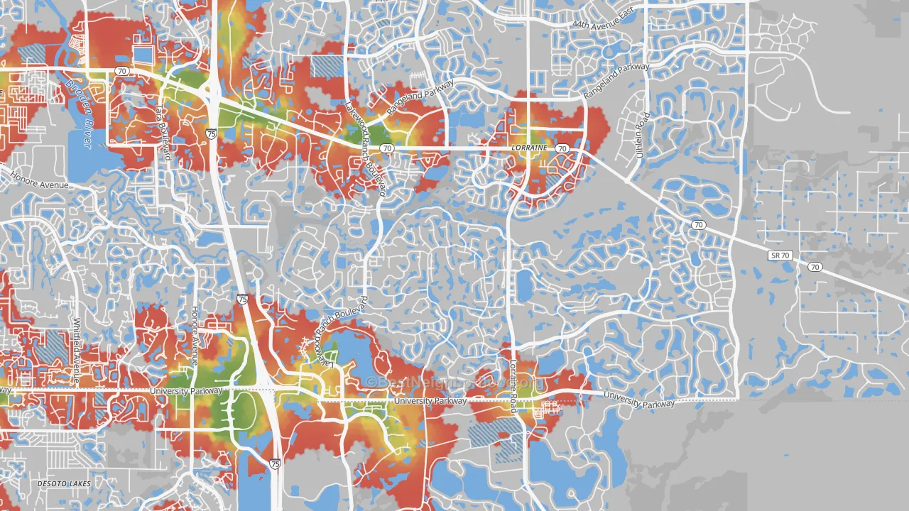 Walk Grade map of 34202, FL, walkable areas in green and car-dependent areas in red
