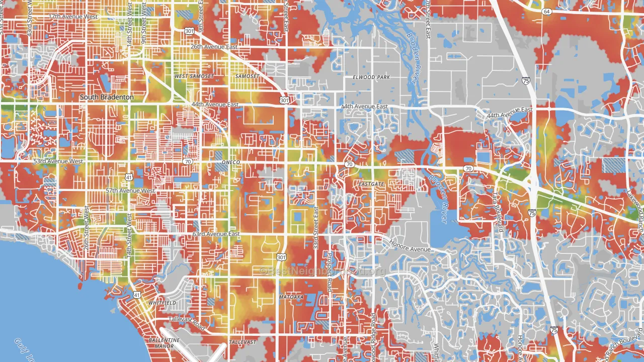 Walk Grade map of 34203, FL, walkable areas in green and car-dependent areas in red