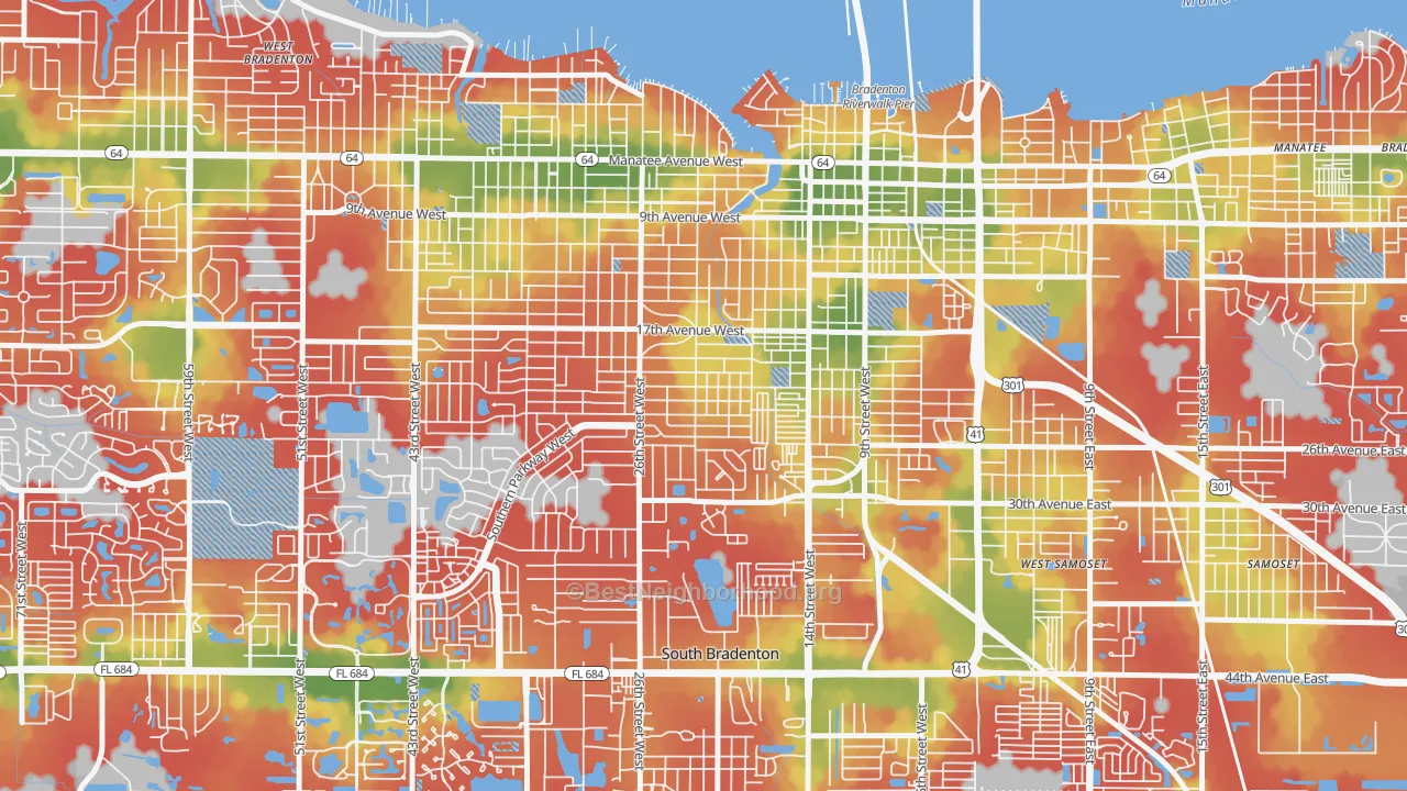 Walk Grade map of 34205, FL, walkable areas in green and car-dependent areas in red