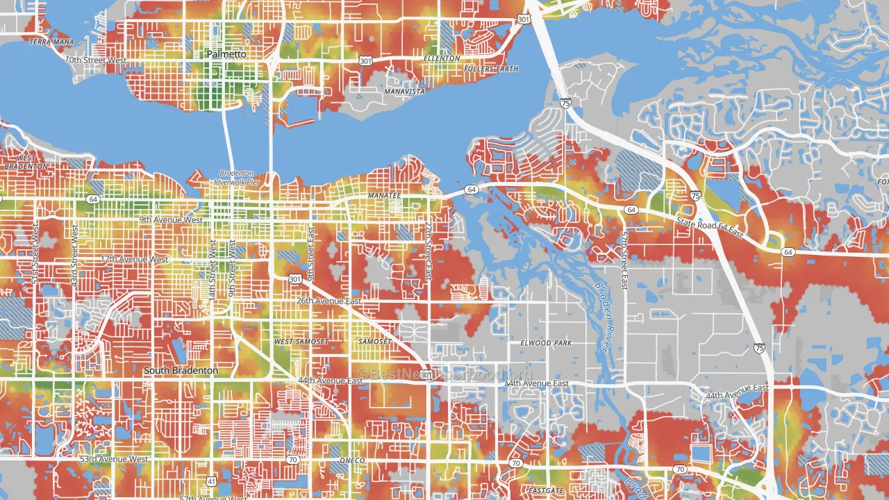 Walk Grade map of 34208, FL, walkable areas in green and car-dependent areas in red