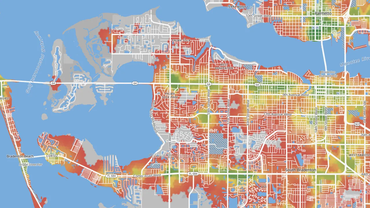 Walk Grade map of 34209, FL, walkable areas in green and car-dependent areas in red