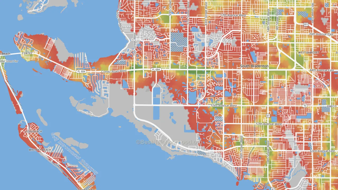 Walk Grade map of 34210, FL, walkable areas in green and car-dependent areas in red