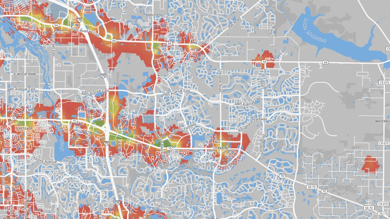 Walk Grade map of 34211, FL, walkable areas in green and car-dependent areas in red