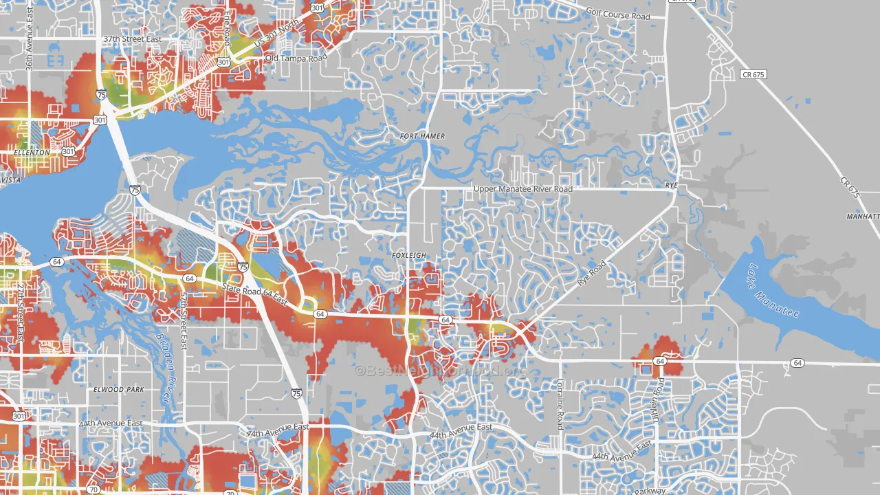 Walk Grade map of 34212, FL, walkable areas in green and car-dependent areas in red