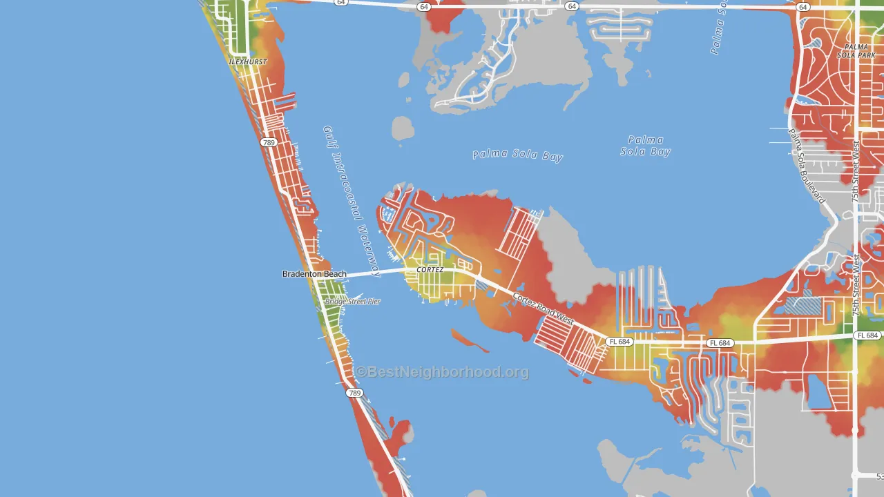 Walk Grade map of 34215, FL, walkable areas in green and car-dependent areas in red