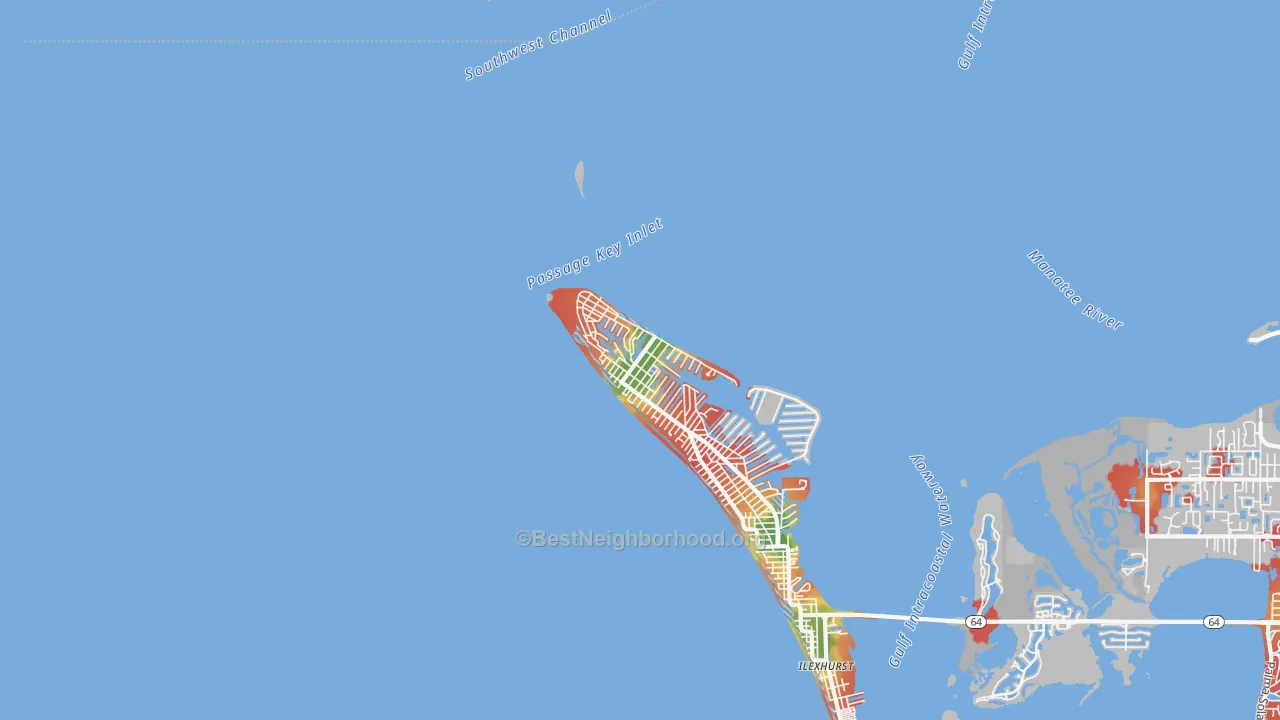 Walk Grade map of 34216, FL, walkable areas in green and car-dependent areas in red