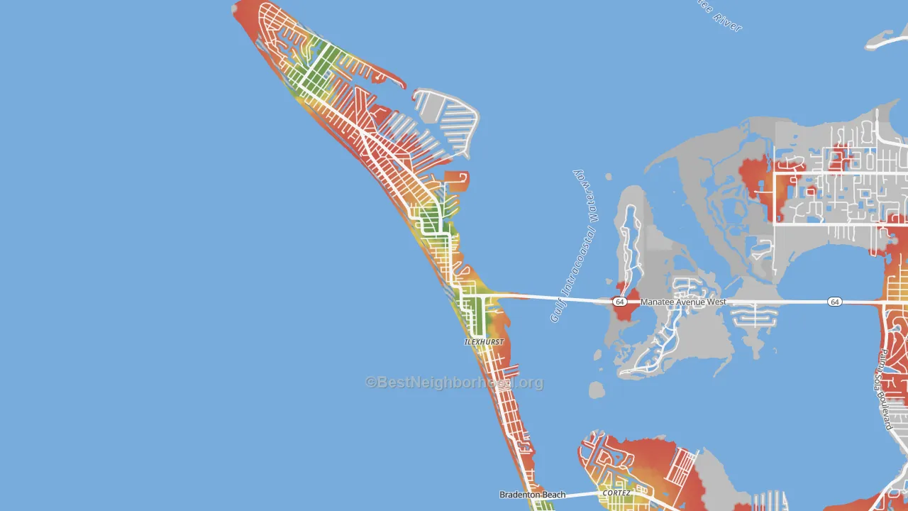 Walk Grade map of 34217, FL, walkable areas in green and car-dependent areas in red