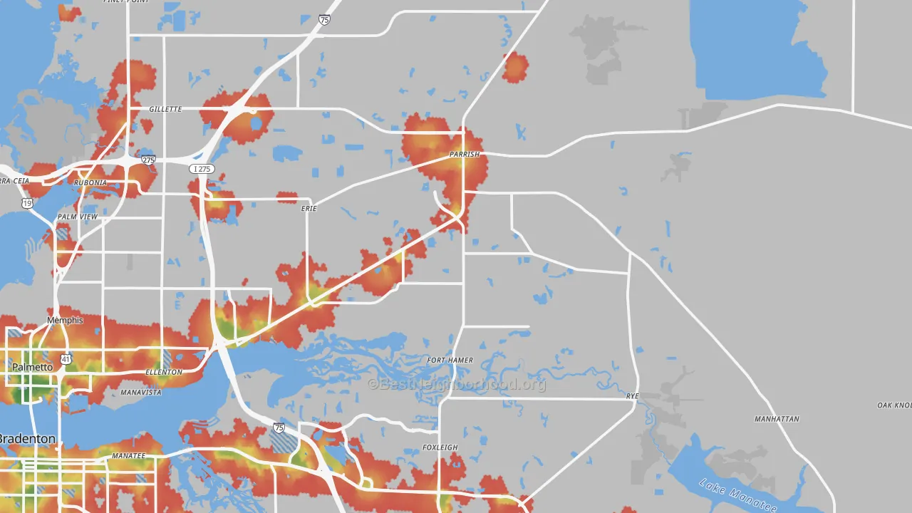Walk Grade map of 34219, FL, walkable areas in green and car-dependent areas in red