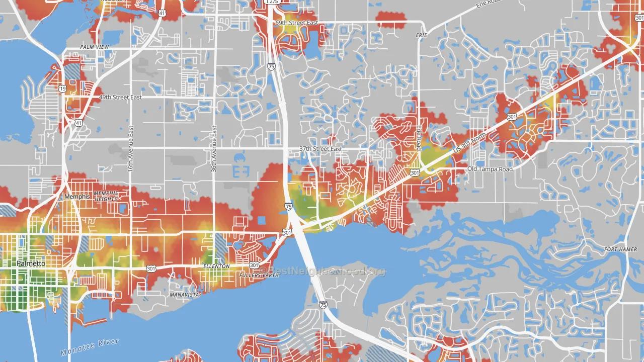 Walk Grade map of 34222, FL, walkable areas in green and car-dependent areas in red