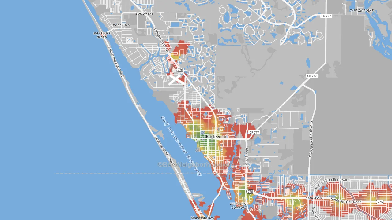 Walk Grade map of 34223, FL, walkable areas in green and car-dependent areas in red