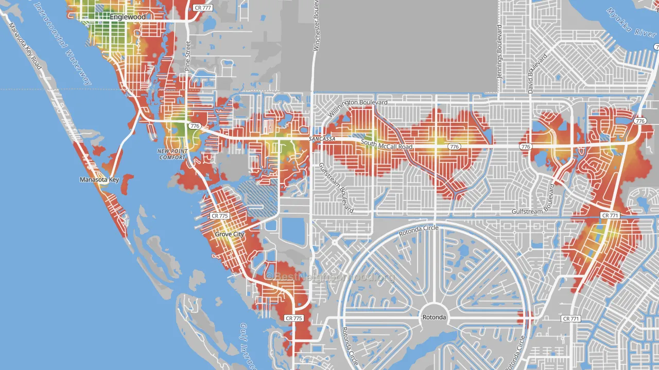 Walk Grade map of 34224, FL, walkable areas in green and car-dependent areas in red