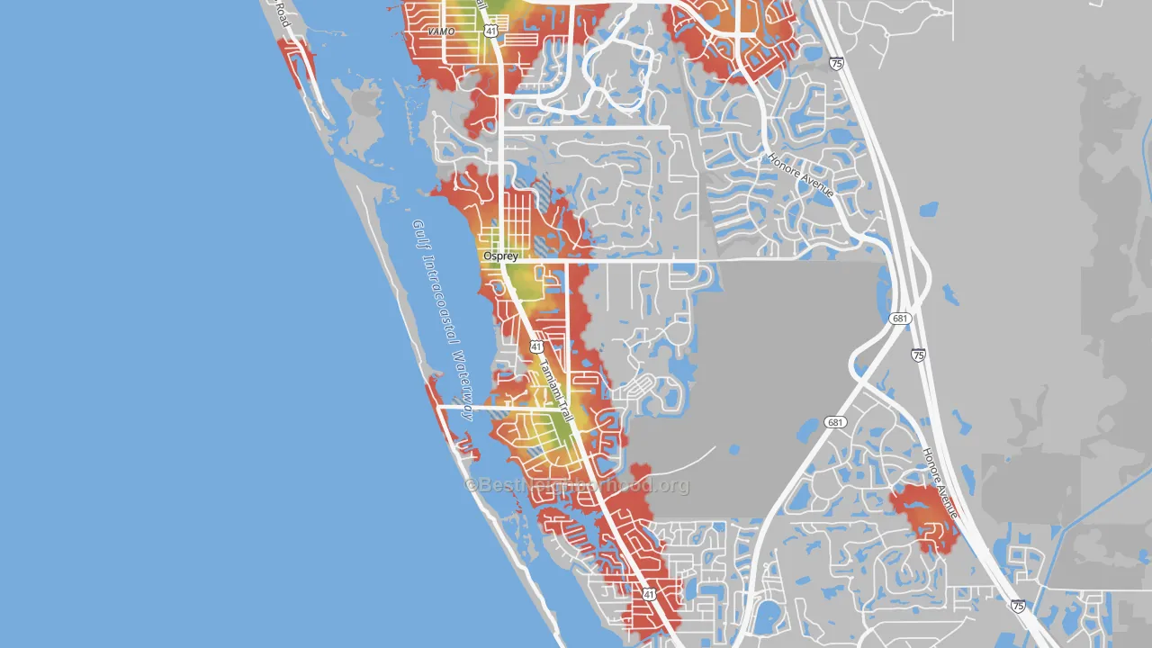 Walk Grade map of 34229, FL, walkable areas in green and car-dependent areas in red