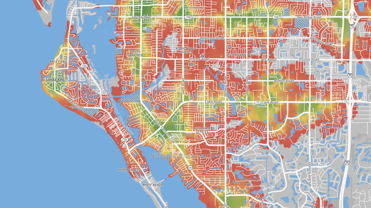 Walk Grade map of 34231, FL, walkable areas in green and car-dependent areas in red