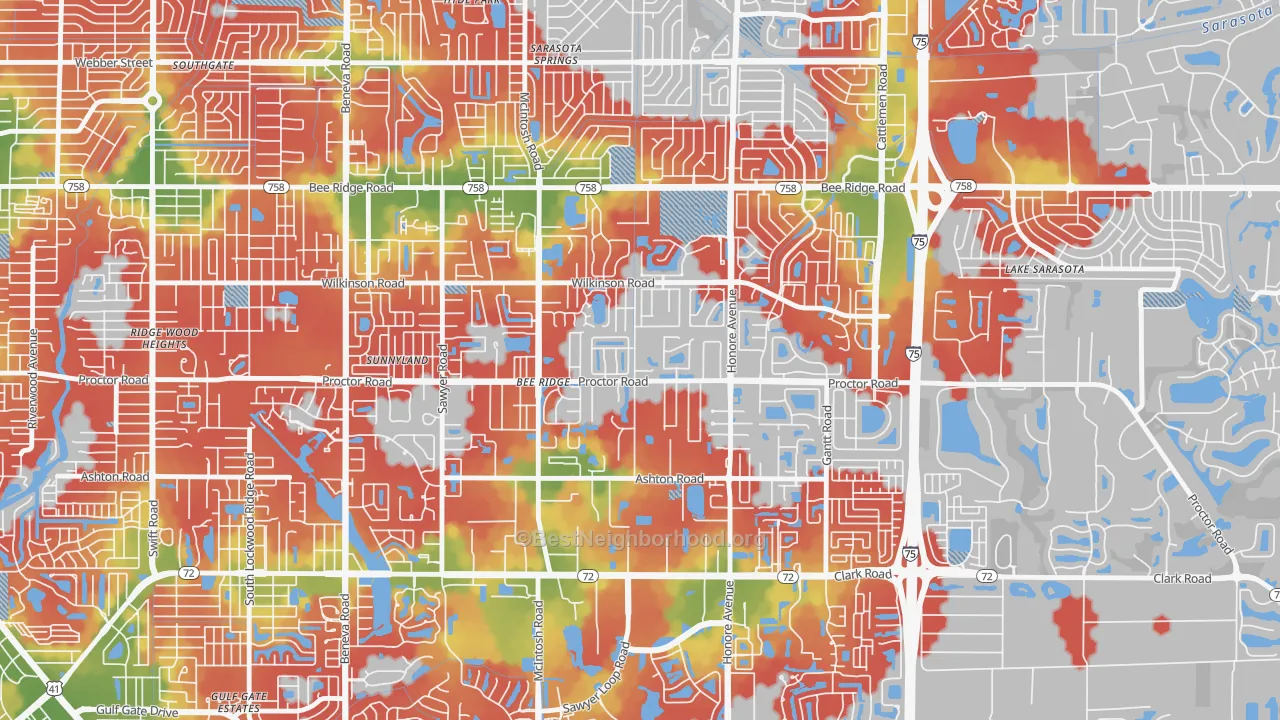 Walk Grade map of 34233, FL, walkable areas in green and car-dependent areas in red