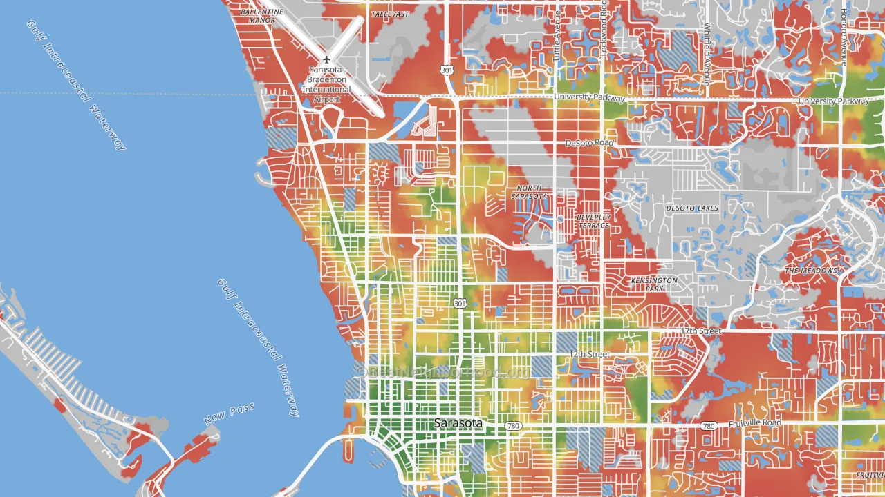 Walk Grade map of 34234, FL, walkable areas in green and car-dependent areas in red