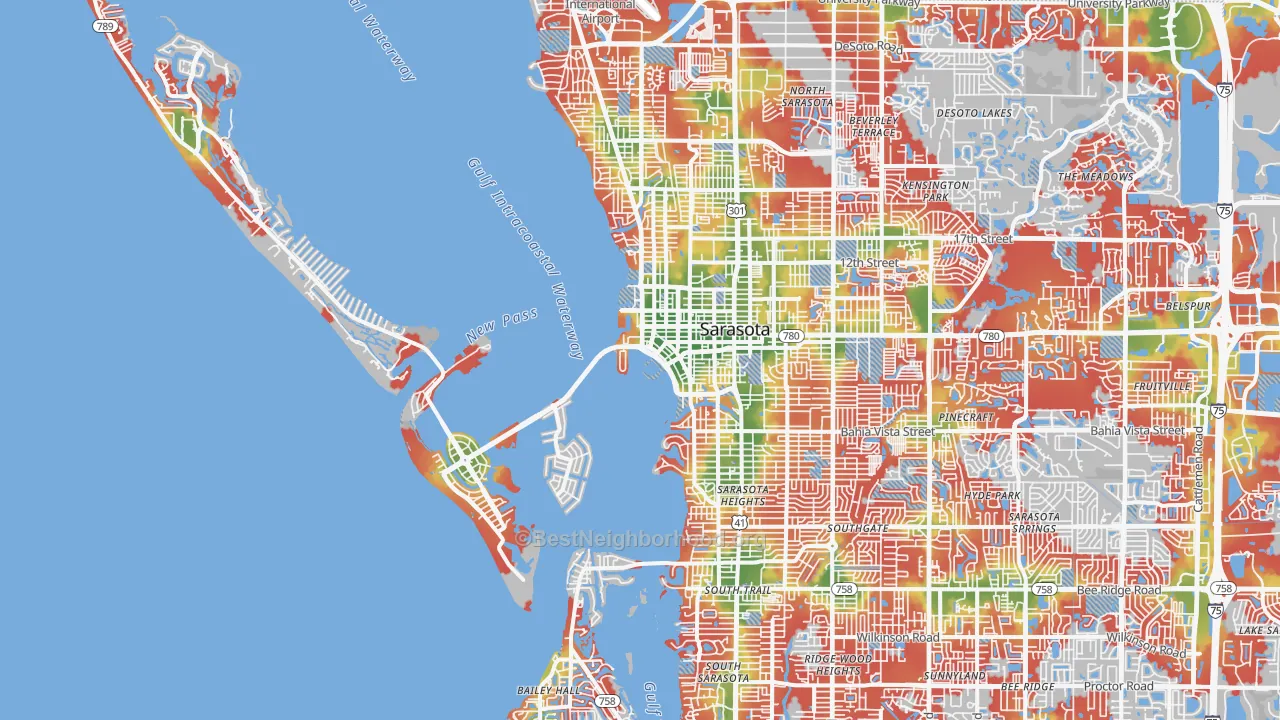 Walk Grade map of 34236, FL, walkable areas in green and car-dependent areas in red