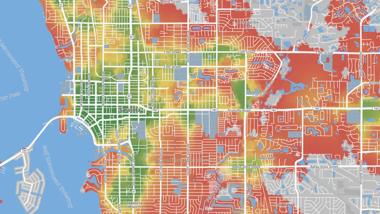 Walk Grade map of 34237, FL, walkable areas in green and car-dependent areas in red
