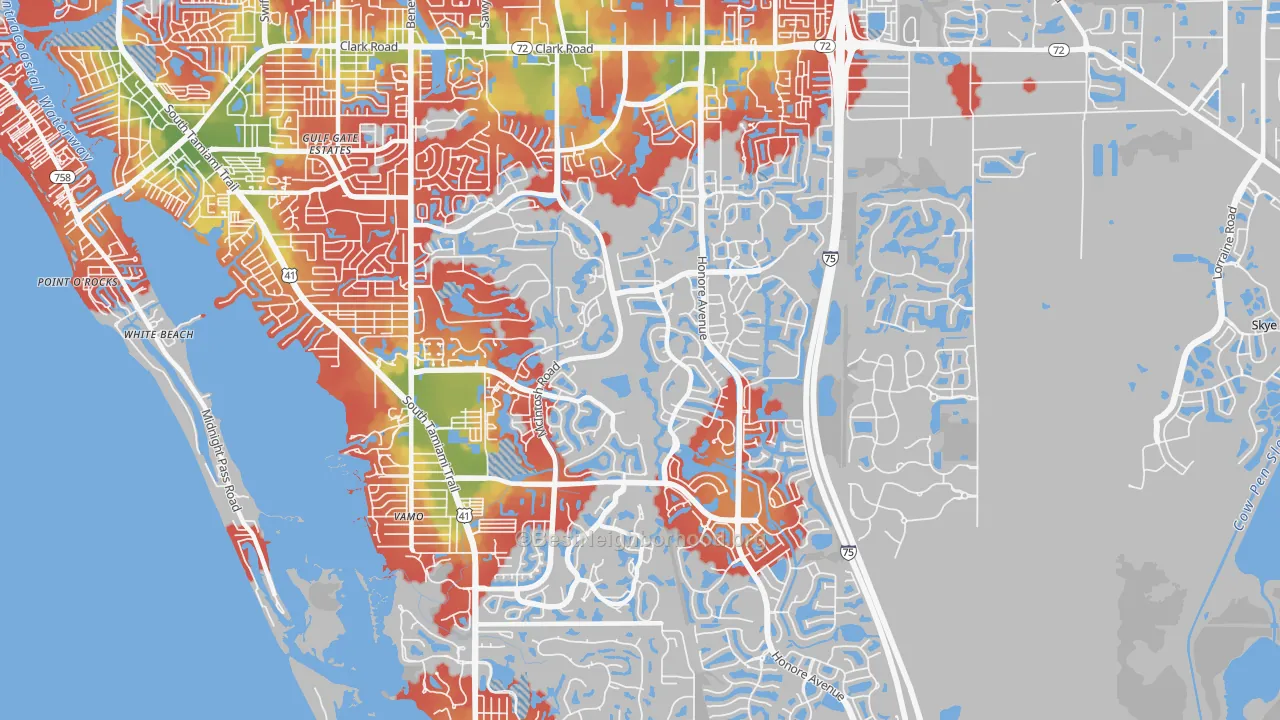 Walk Grade map of 34238, FL, walkable areas in green and car-dependent areas in red