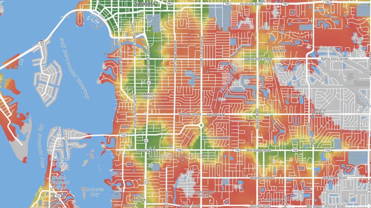 Walk Grade map of 34239, FL, walkable areas in green and car-dependent areas in red