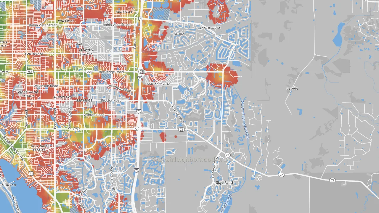 Walk Grade map of 34241, FL, walkable areas in green and car-dependent areas in red