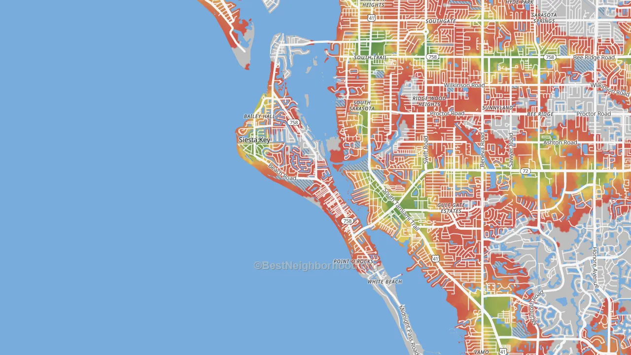 Walk Grade map of 34242, FL, walkable areas in green and car-dependent areas in red