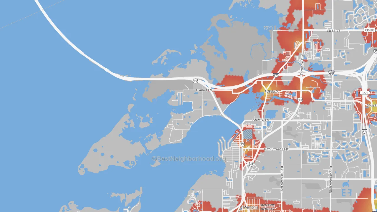 Walk Grade map of 34250, FL, walkable areas in green and car-dependent areas in red