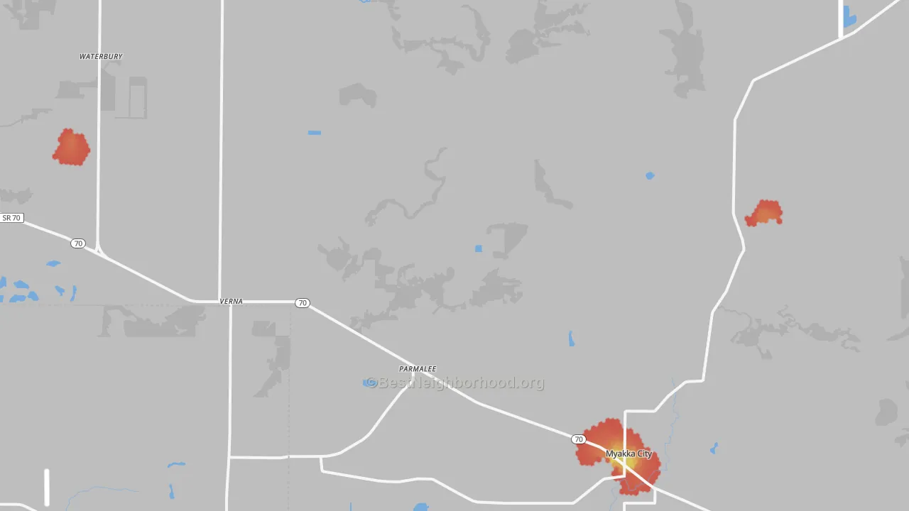 Walk Grade map of 34251, FL, walkable areas in green and car-dependent areas in red