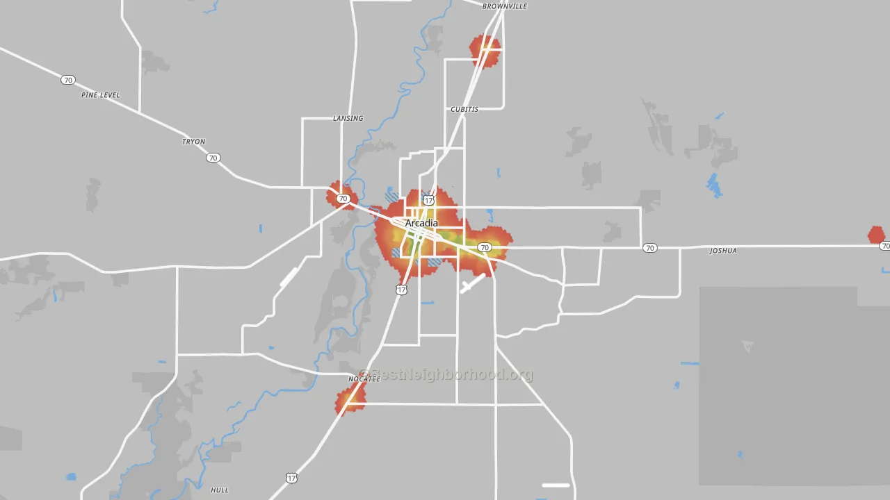 Walk Grade map of 34266, FL, walkable areas in green and car-dependent areas in red