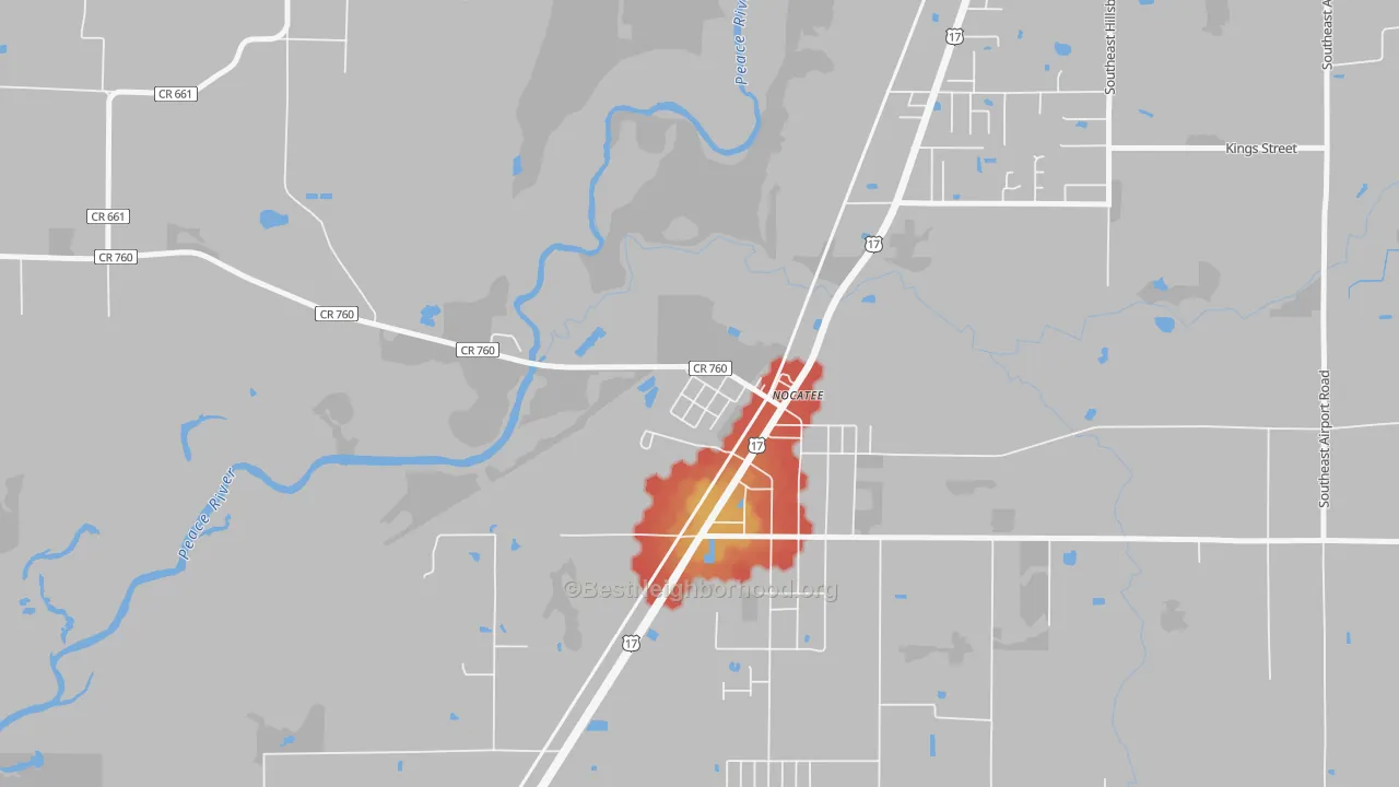 Walk Grade map of 34268, FL, walkable areas in green and car-dependent areas in red