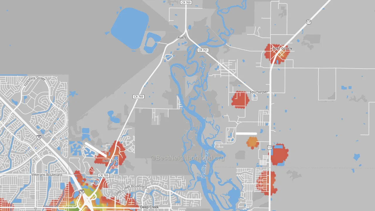 Walk Grade map of 34269, FL, walkable areas in green and car-dependent areas in red