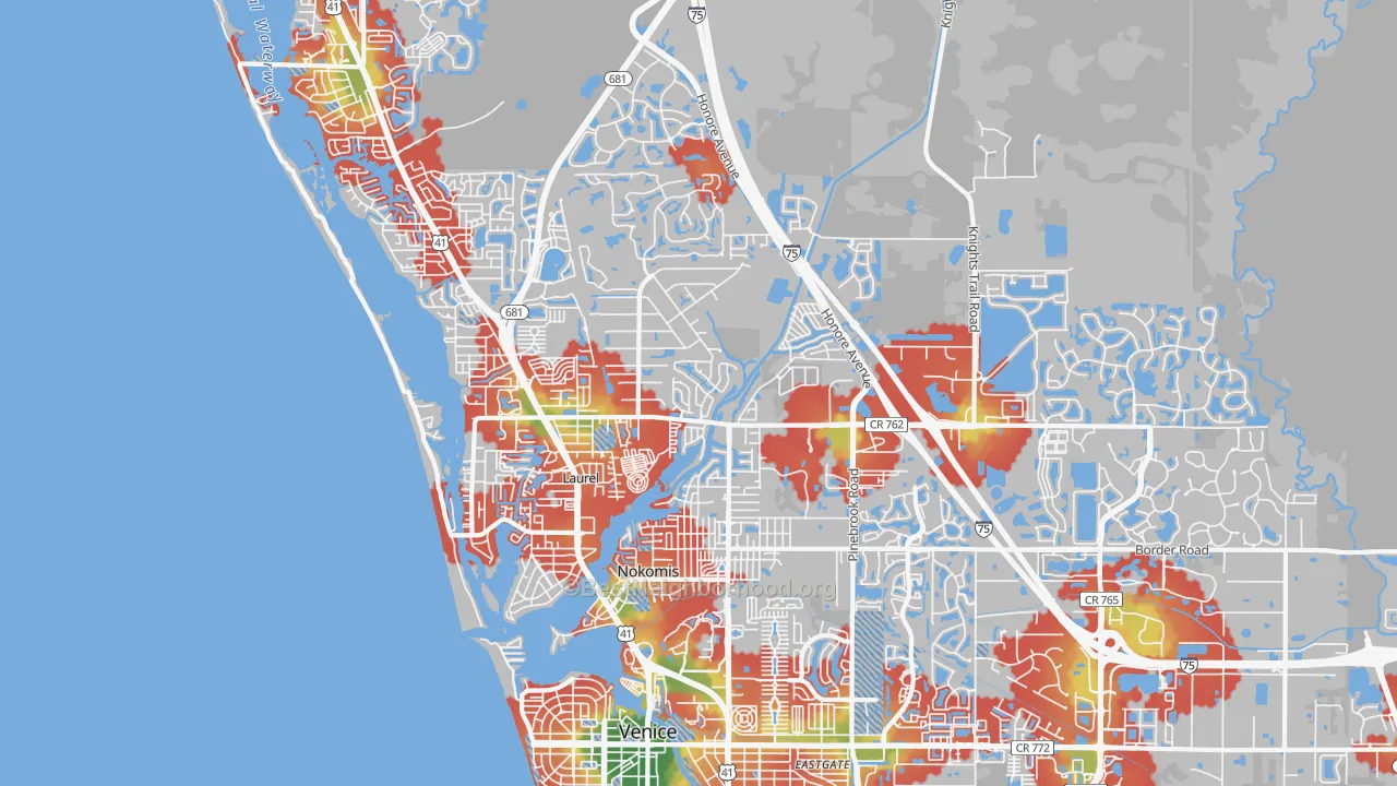 Walk Grade map of 34275, FL, walkable areas in green and car-dependent areas in red