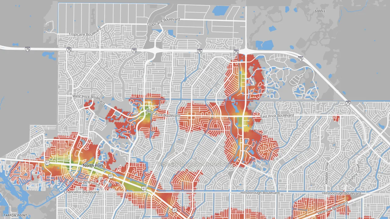 Walk Grade map of 34286, FL, walkable areas in green and car-dependent areas in red