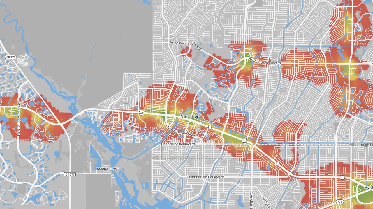 Walk Grade map of 34287, FL, walkable areas in green and car-dependent areas in red