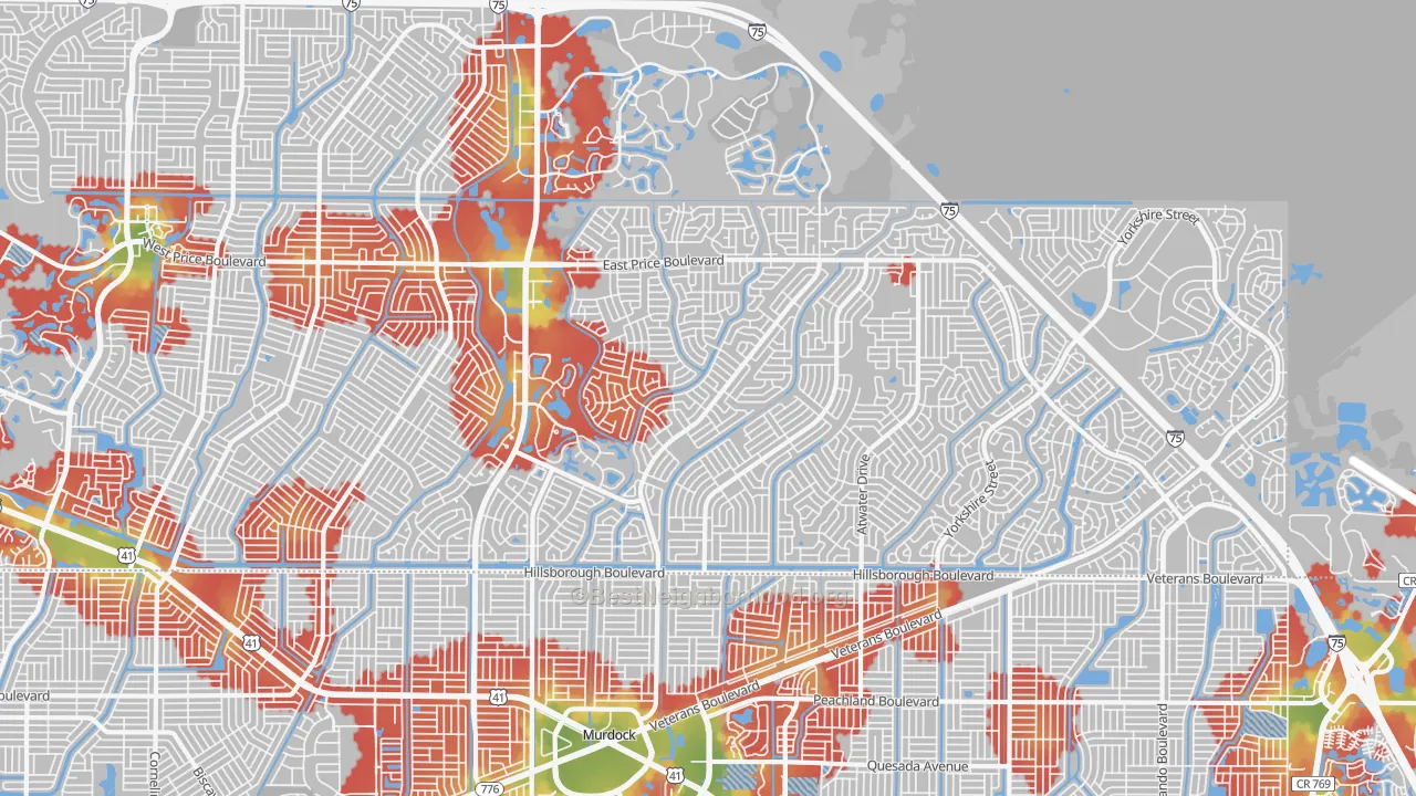 Walk Grade map of 34288, FL, walkable areas in green and car-dependent areas in red