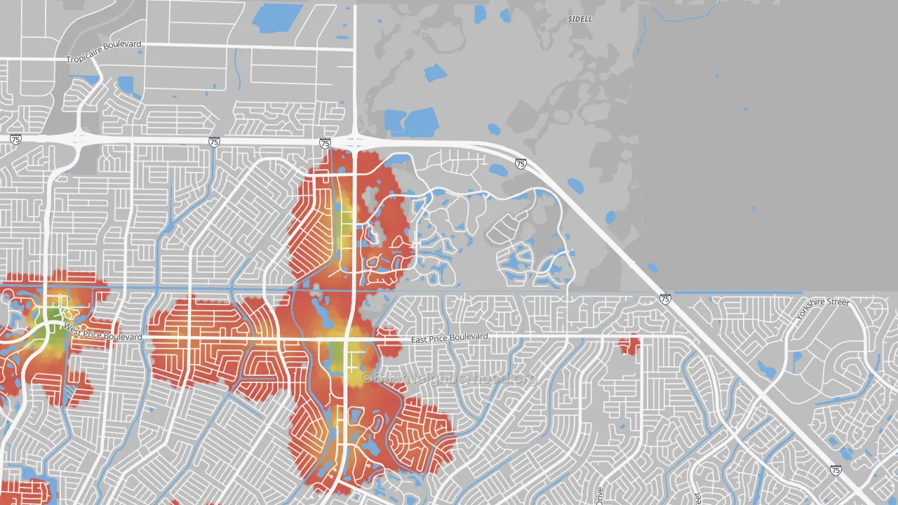 Walk Grade map of 34289, FL, walkable areas in green and car-dependent areas in red