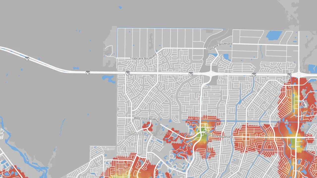 Walk Grade map of 34291, FL, walkable areas in green and car-dependent areas in red