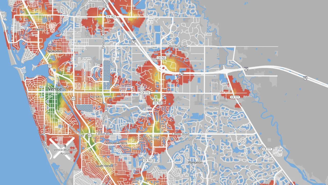 Walk Grade map of 34292, FL, walkable areas in green and car-dependent areas in red