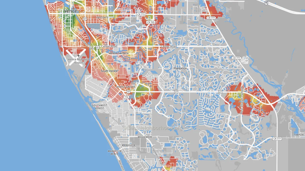 Walk Grade map of 34293, FL, walkable areas in green and car-dependent areas in red