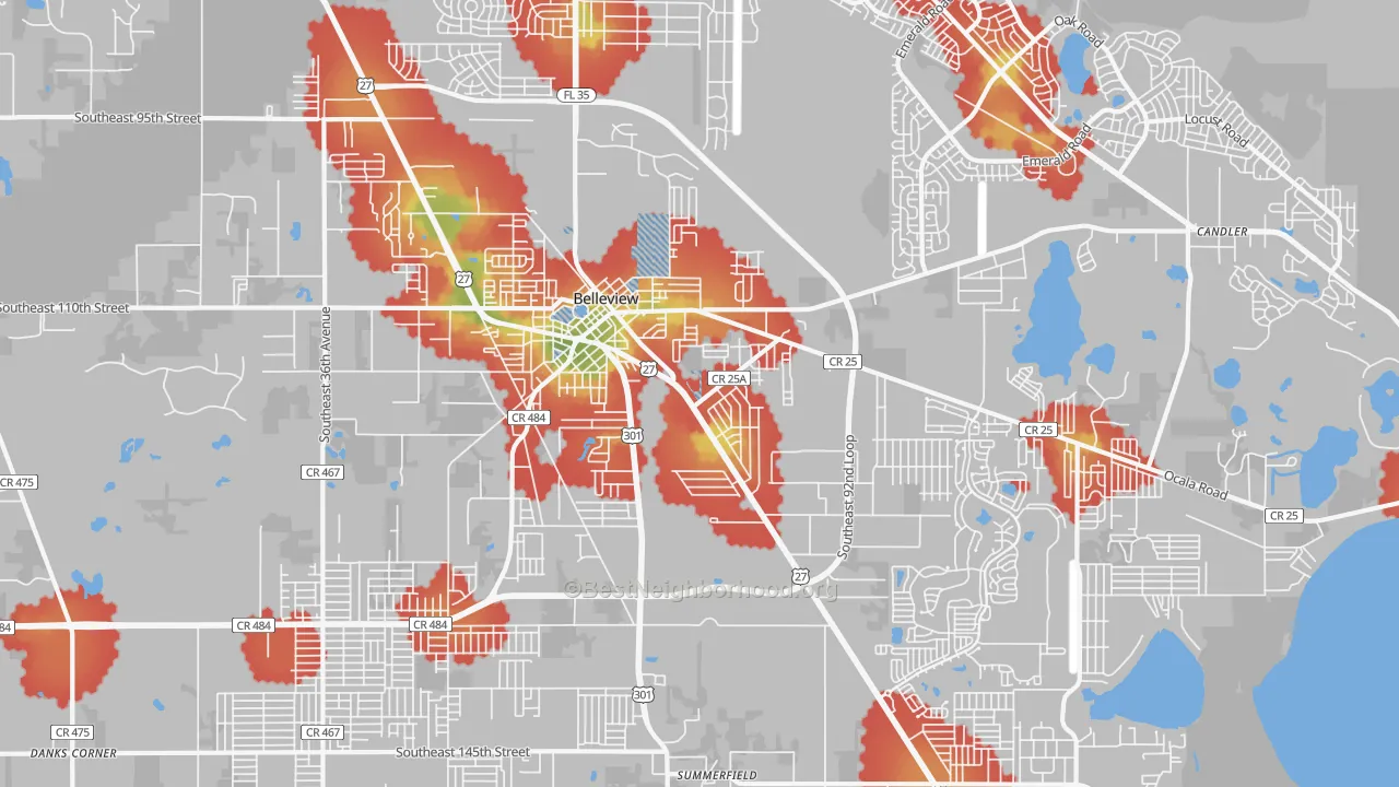 Walk Grade map of 34420, FL, walkable areas in green and car-dependent areas in red