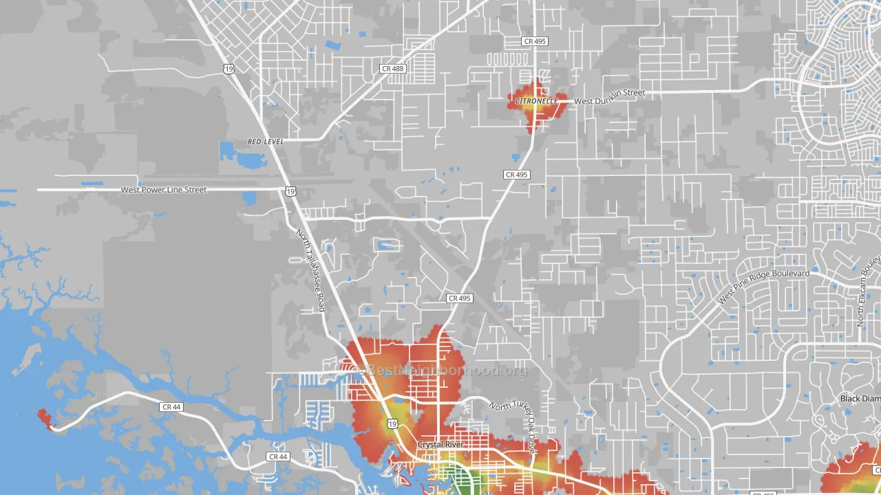 Walk Grade map of 34428, FL, walkable areas in green and car-dependent areas in red