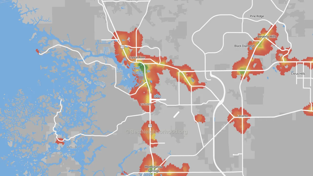 Walk Grade map of 34429, FL, walkable areas in green and car-dependent areas in red