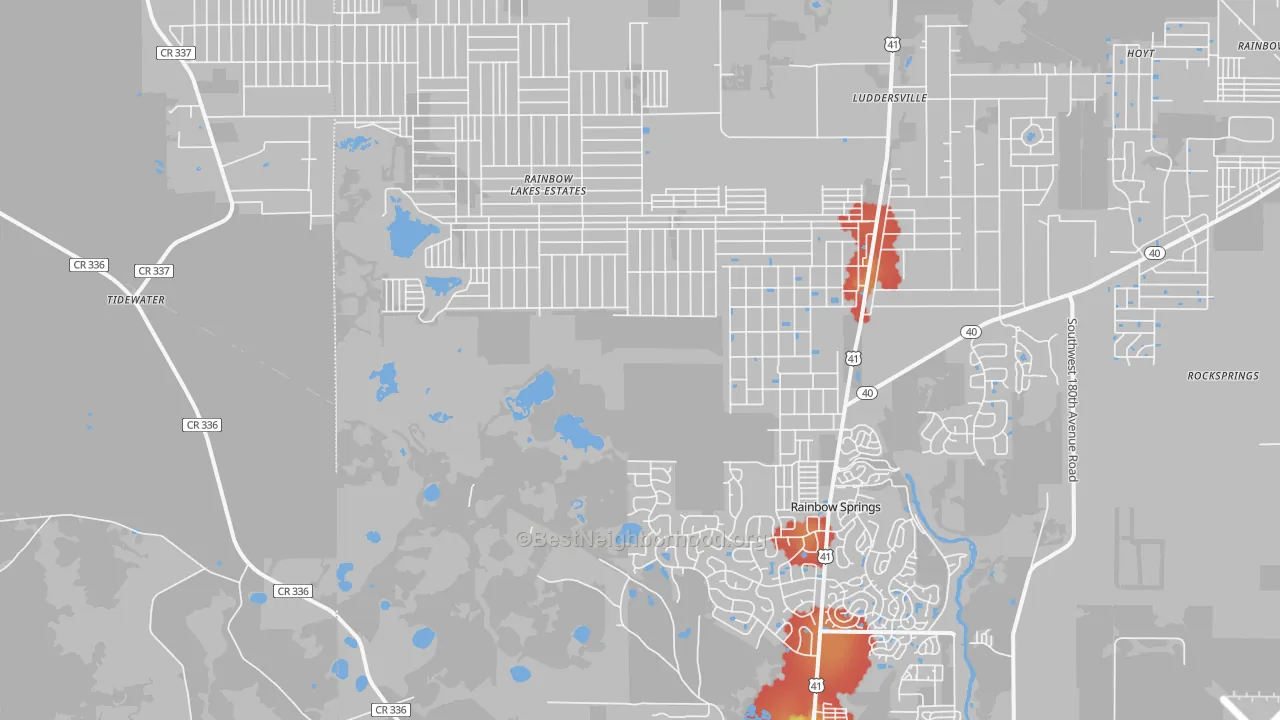 Walk Grade map of 34431, FL, walkable areas in green and car-dependent areas in red