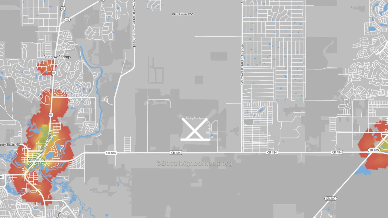 Walk Grade map of 34432, FL, walkable areas in green and car-dependent areas in red