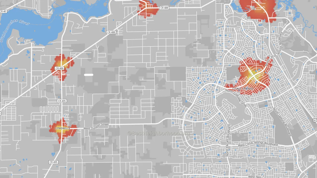 Walk Grade map of 34433, FL, walkable areas in green and car-dependent areas in red