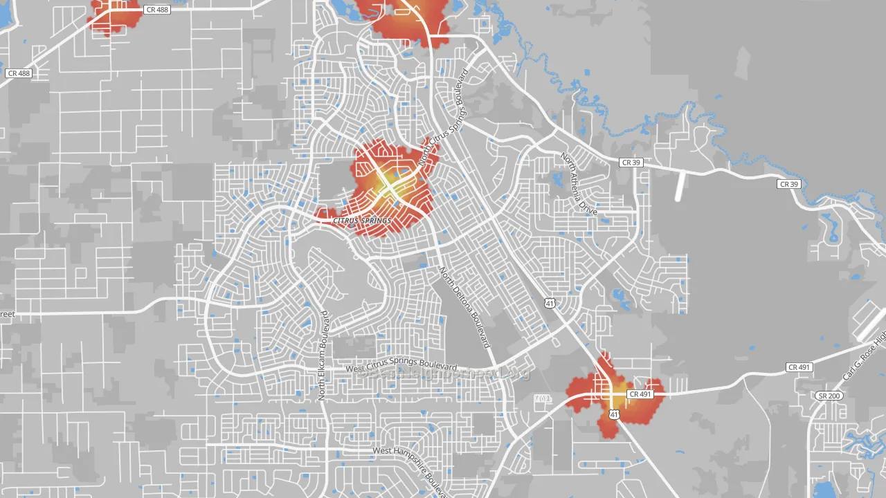 Walk Grade map of 34434, FL, walkable areas in green and car-dependent areas in red