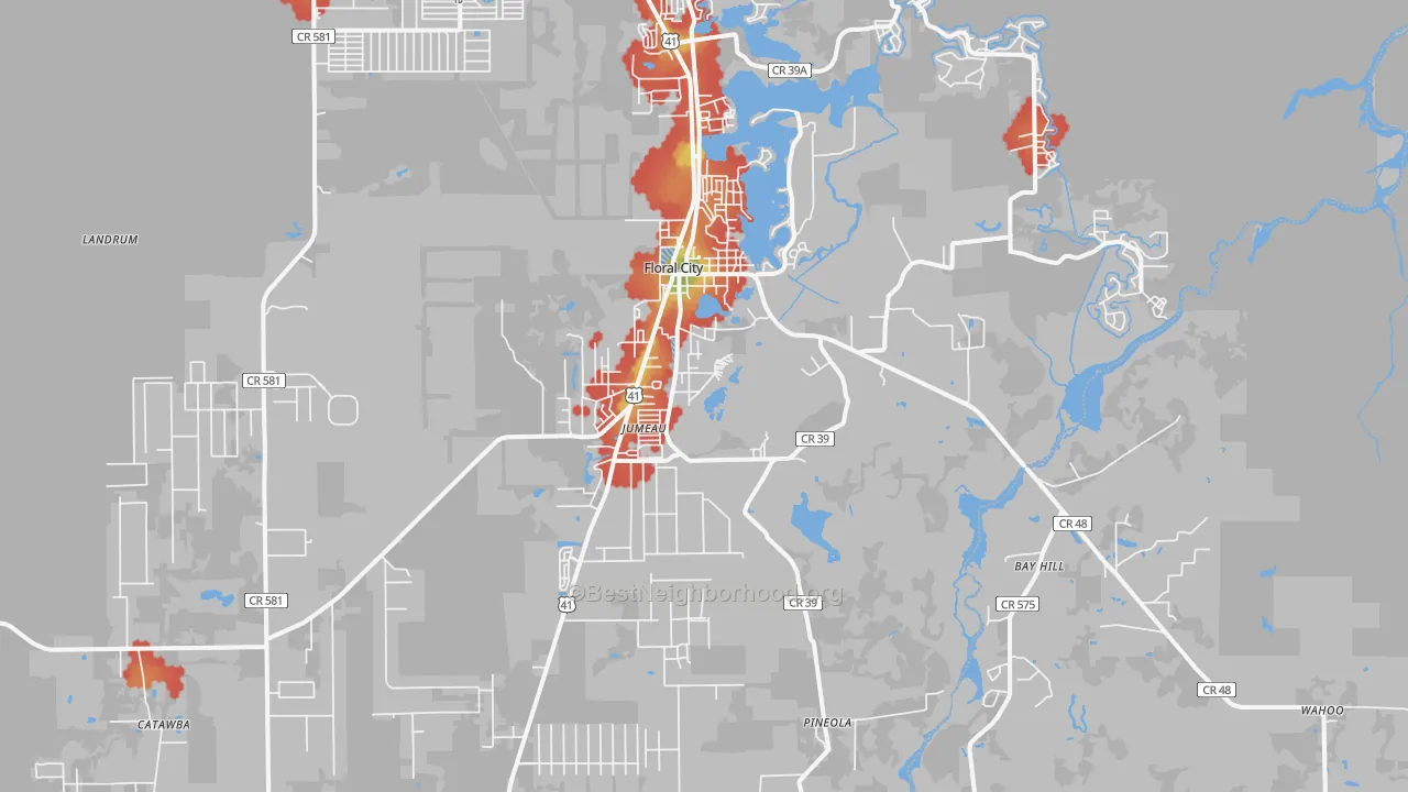 Walk Grade map of 34436, FL, walkable areas in green and car-dependent areas in red