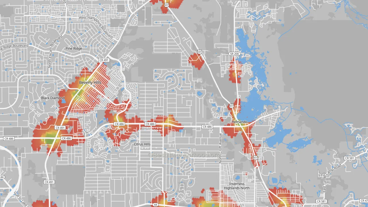 Walk Grade map of 34442, FL, walkable areas in green and car-dependent areas in red